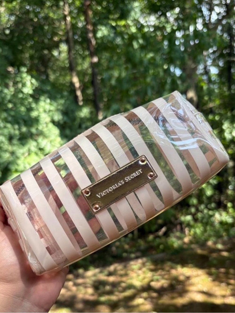 Victoria's Secret Pink and Clear Striped Cosmetic Case